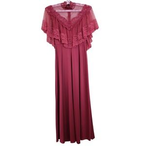 Vintage 1970's Small Eve of Milady Maxi Dress Burgundy Lace Ruffle Beetlejuice